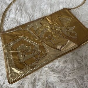 Vintage Colini Gold Metallic Leather Patchwork Convertible Clutch Crossbody Bag